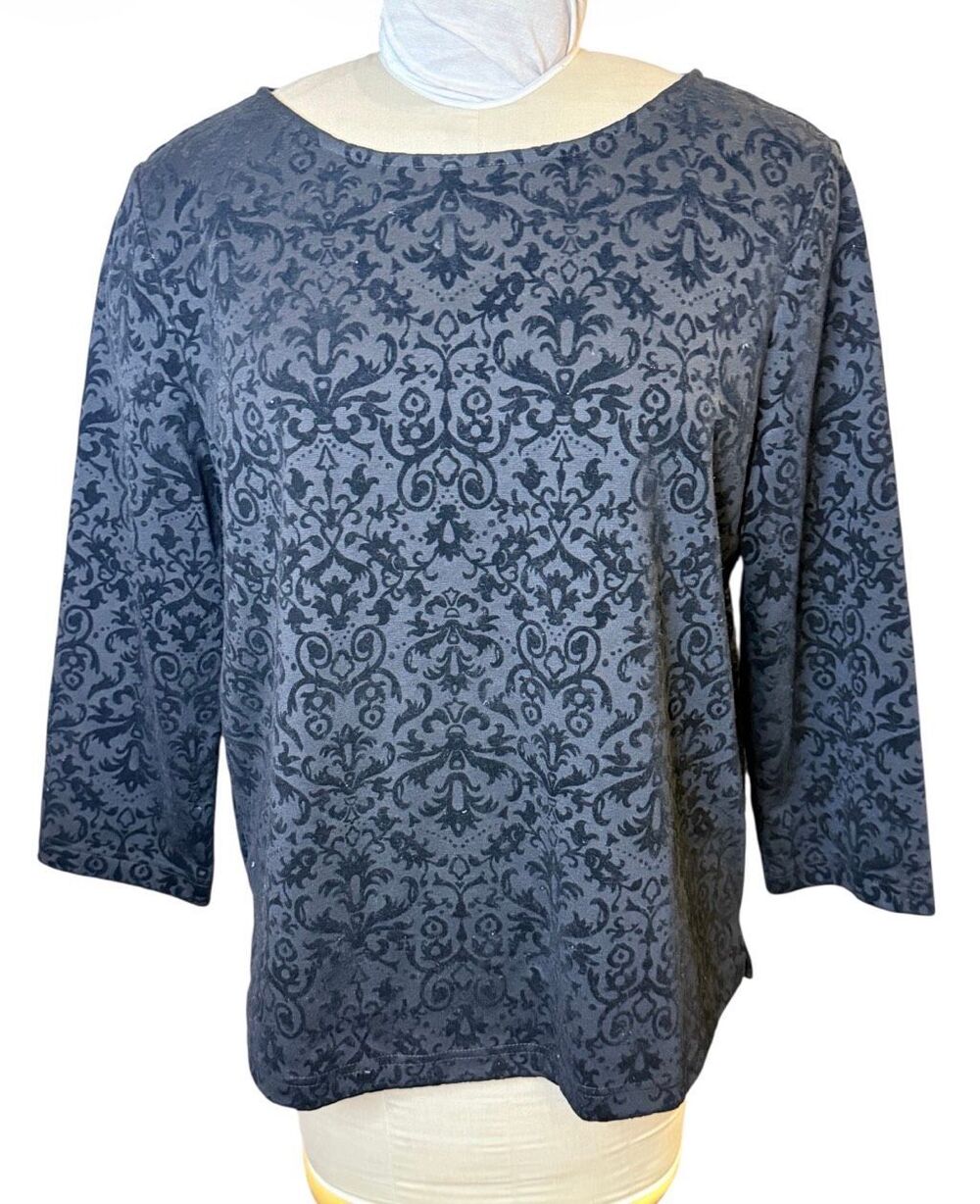 Talbots Women's Black Velvet Burnout Damask Design Top Large 3/4 Sleeves Elevat